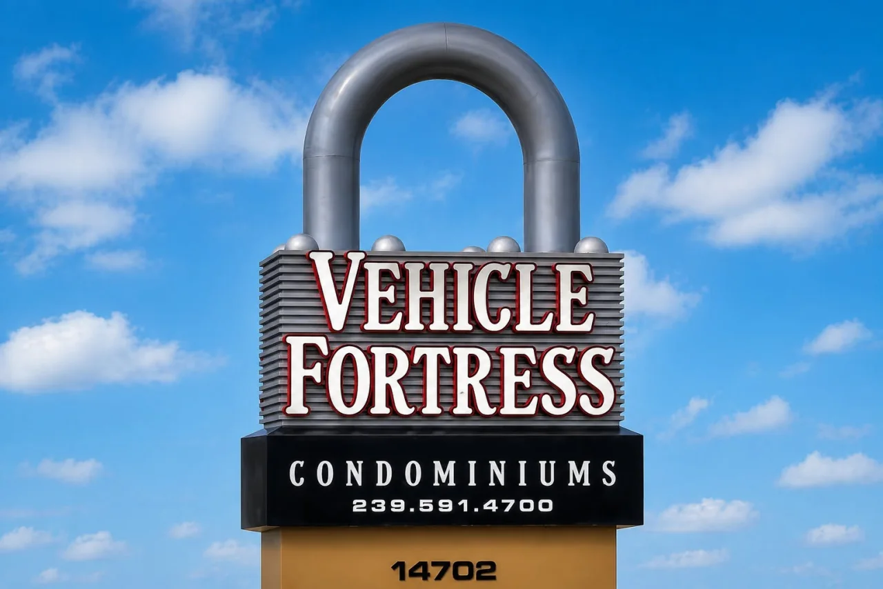 Vehicle Fortress condominium sign against a blue sky